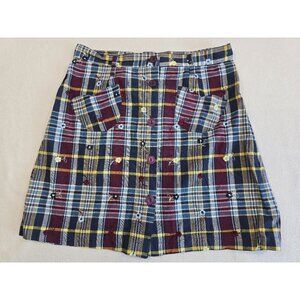Vintage Y2K Esprit Plaid Skirt 11/12 Button Front 100% Cotton Floral Embroidery